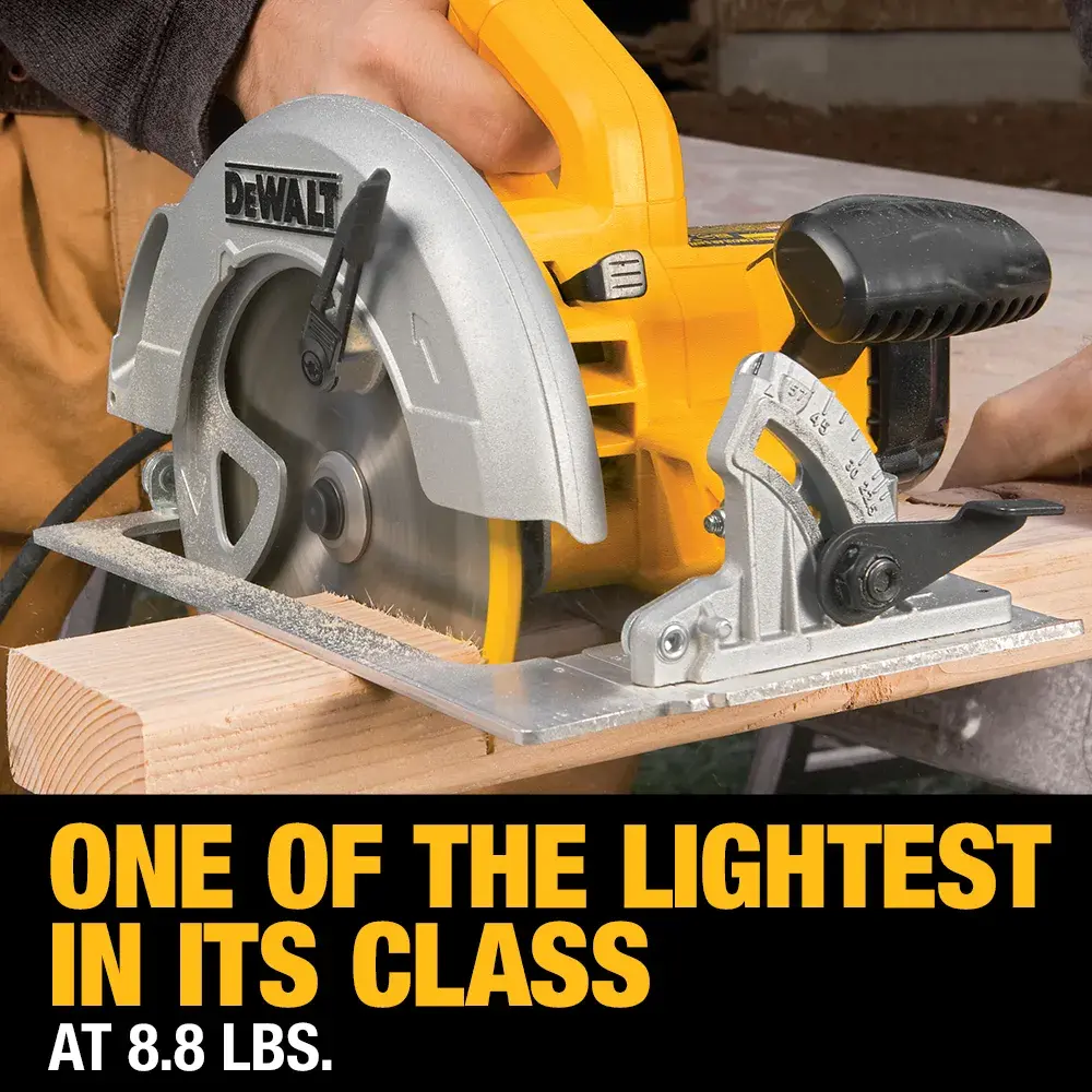 A DEWALT DWE575 circular saw being used to cut a wooden board, with text stating 'One of the lightest in its class at 8.8 lbs.'
