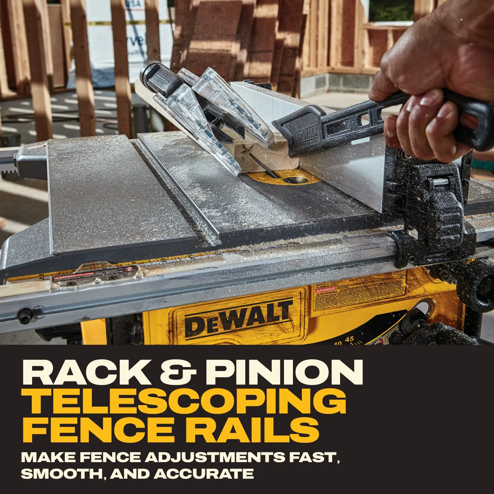 A person carrying a DEWALT table saw vertically by its handle inside a construction site. Two white ruler graphics overlaid on the image indicate the tool's compact dimensions: 22-3/4 inches in height and 13 inches in width.