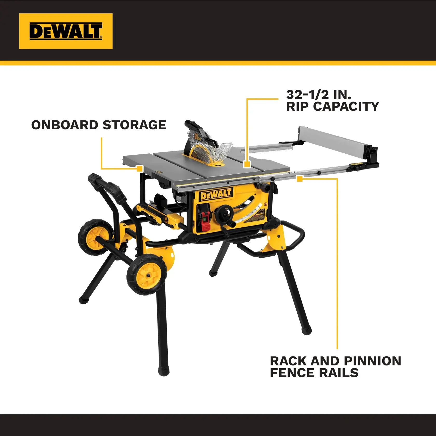 DEWALT table saw with wheeled stand, 32.5 in. rip capacity, onboard storage, and rack and pinion fence rails.