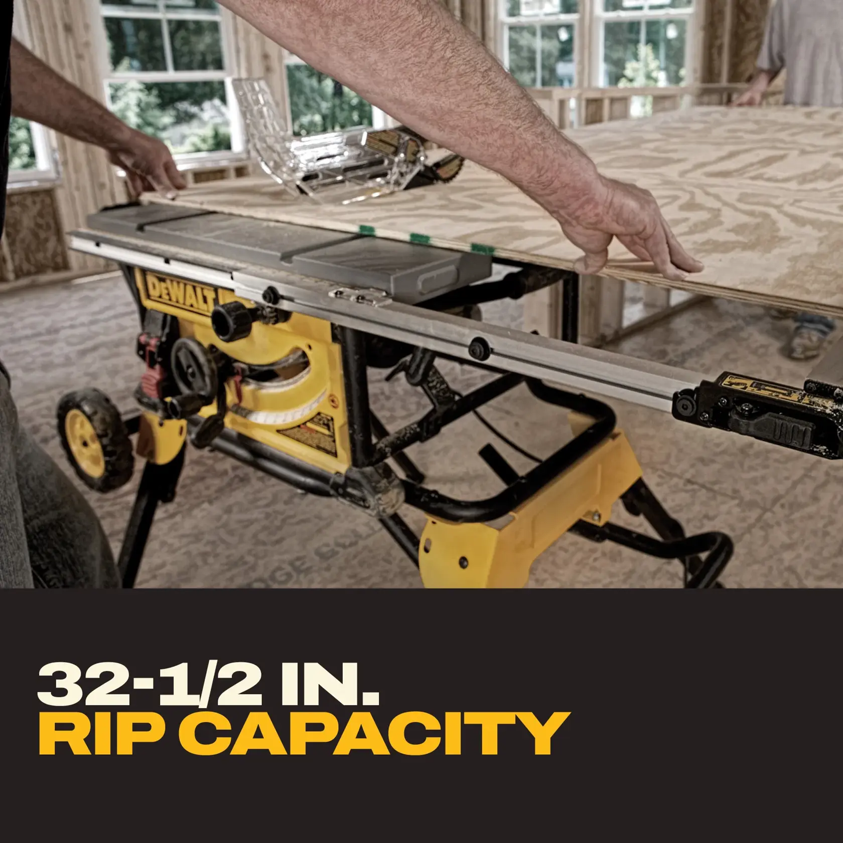 DEWALT table saw cutting plywood; labeled 32-1/2 inch rip capacity in a construction setting.