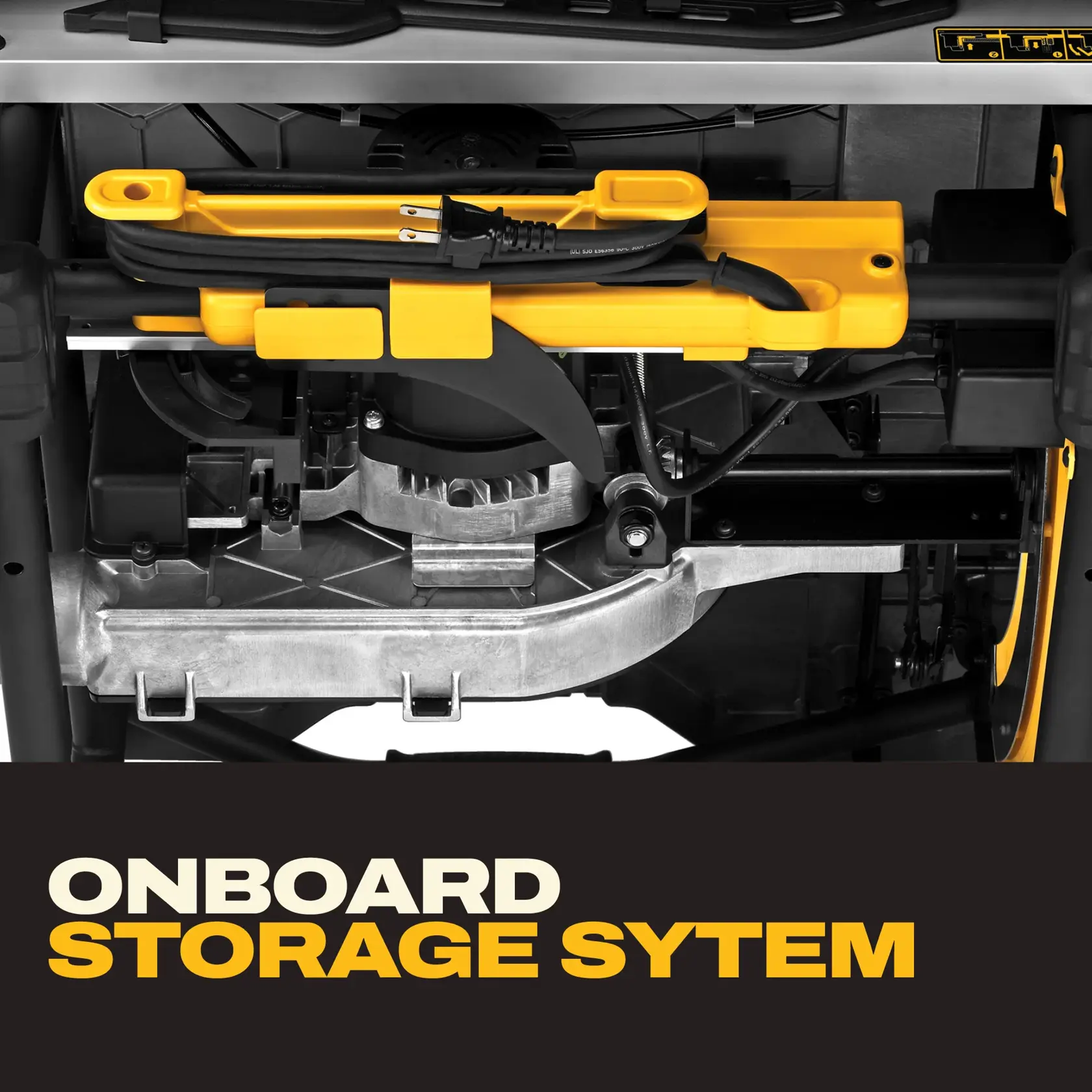 Close-up of DEWALT DWE7491RS onboard storage system for accessories and power cord.