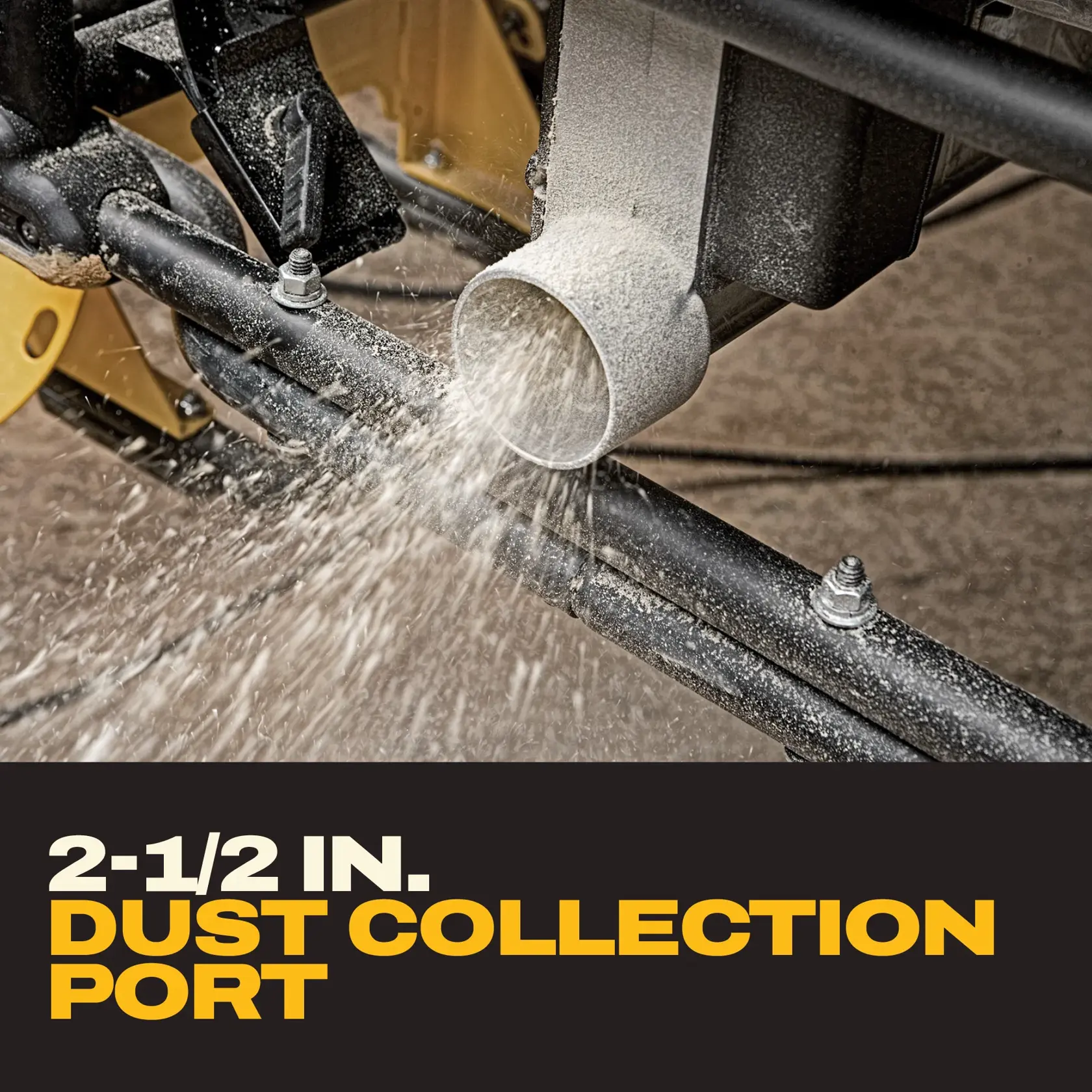 Close-up of a dust collection port releasing sawdust from a DEWALT tool. Text highlights 2-1/2 inch size.