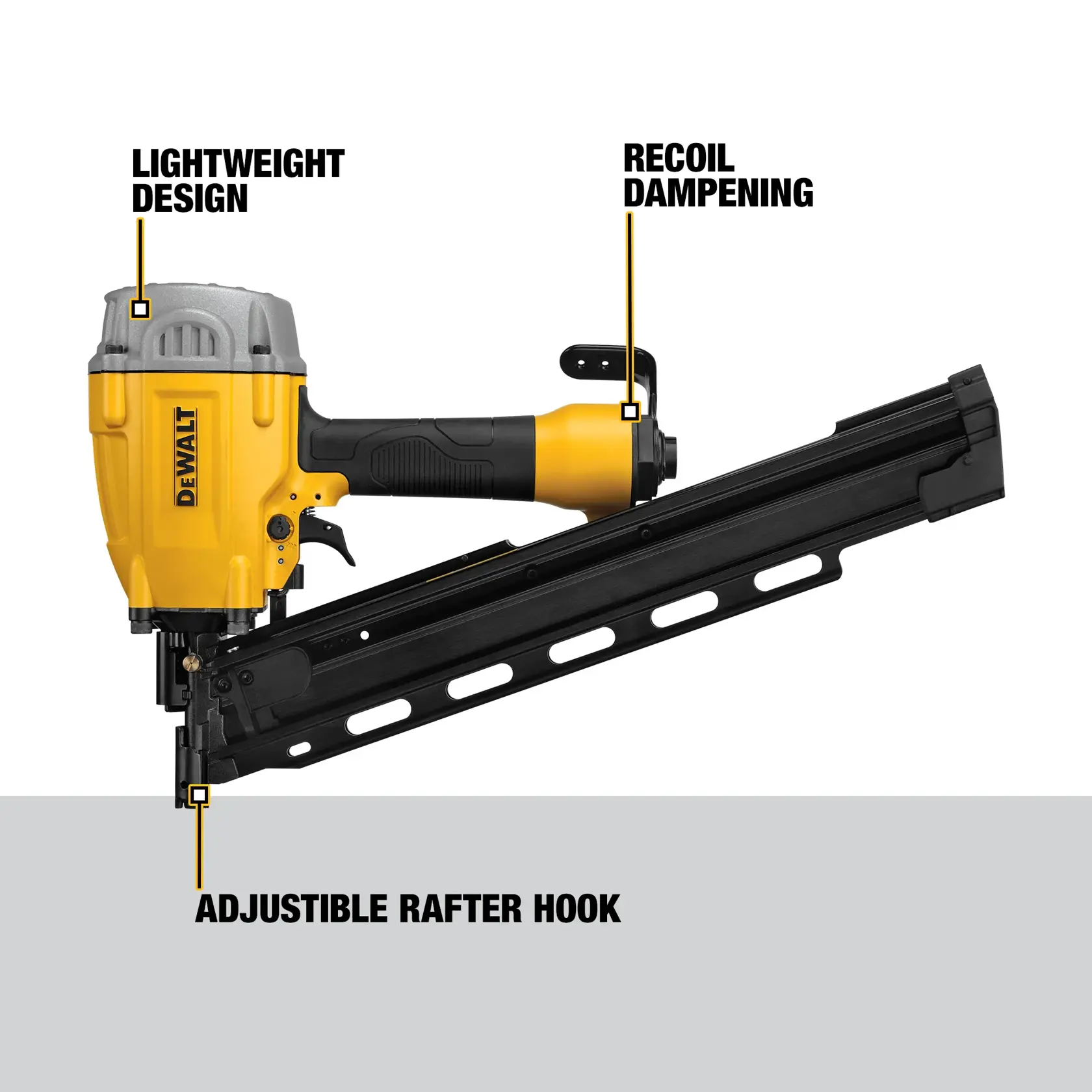 DEWALT DWF83PL framing nailer showing features such as lightweight design, recoil dampening, and adjustable rafter hook.