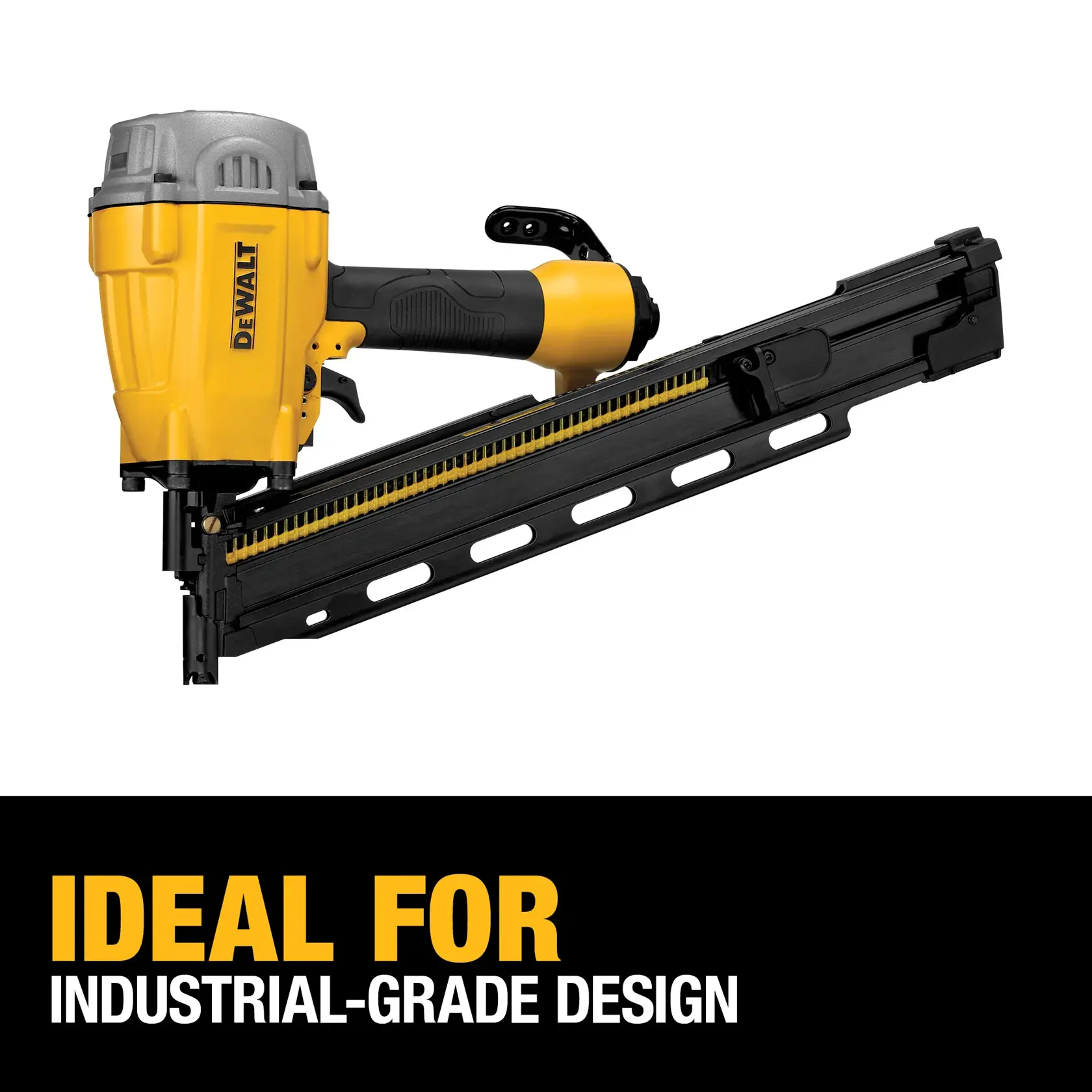 A DEWALT industrial nail gun model DWF83PL is shown, suitable for heavy-duty tasks. The image includes a caption stating 'Ideal for industrial-grade design.'
