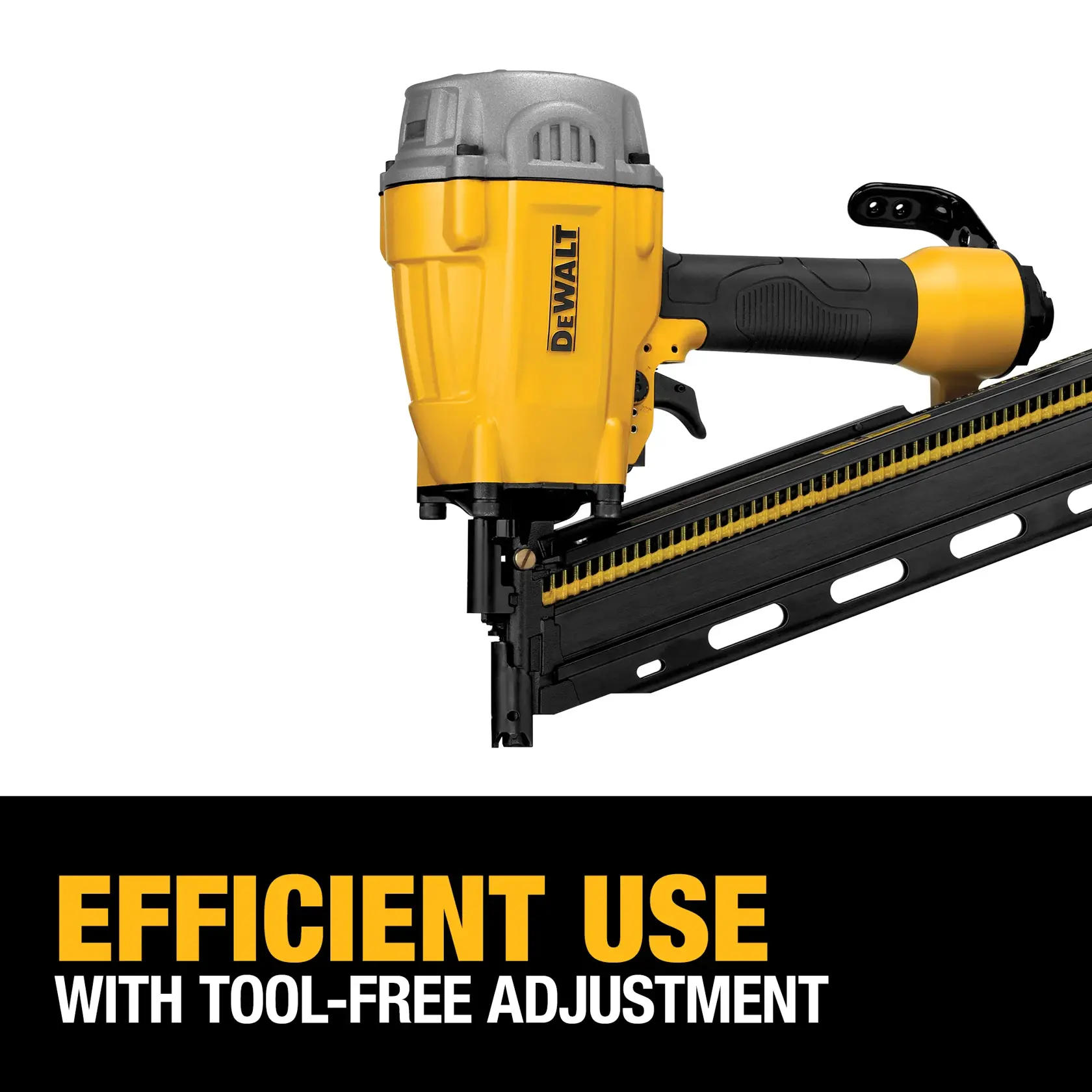 A DEWALT nail gun with a yellow and black design is shown attached to a strip of nails. Text below reads 'Efficient use with tool-free adjustment.'
