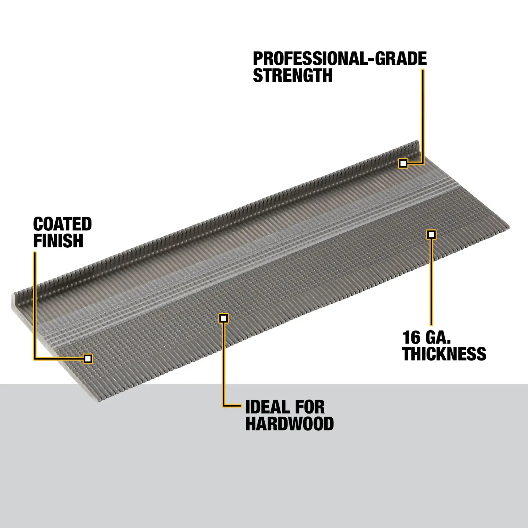 Stack of DEWALT DWFLN-200 16-gauge nails with labels indicating features such as professional-grade strength, coated finish, 16 gauge thickness, and ideal for hardwood applications.