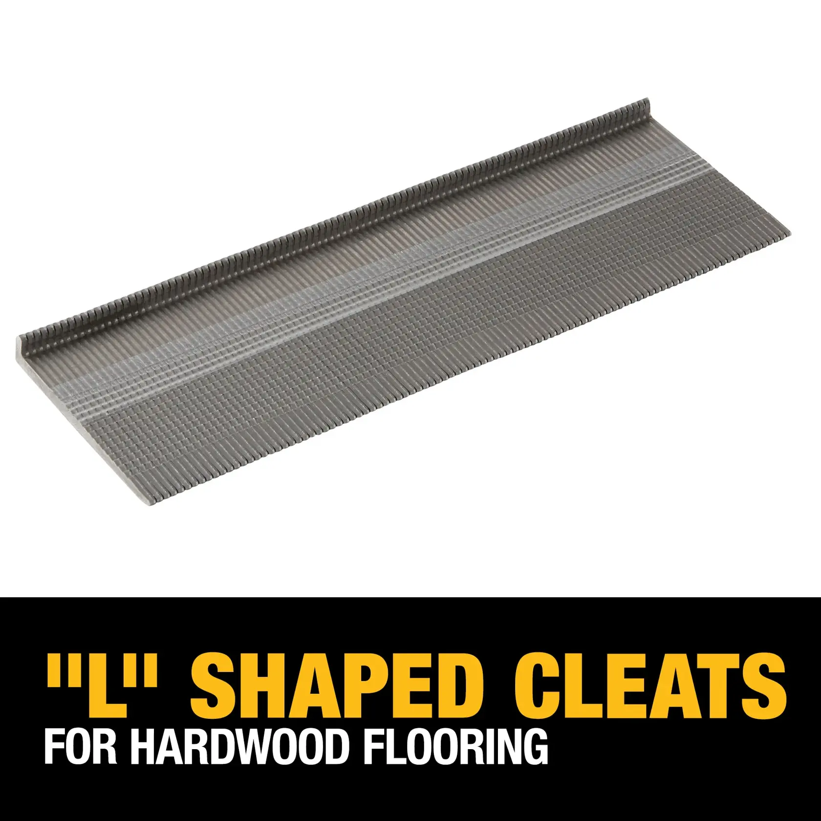 A bundle of L-shaped cleats for hardwood flooring displayed above a text reading 'L Shaped Cleats for Hardwood Flooring' on a black background.