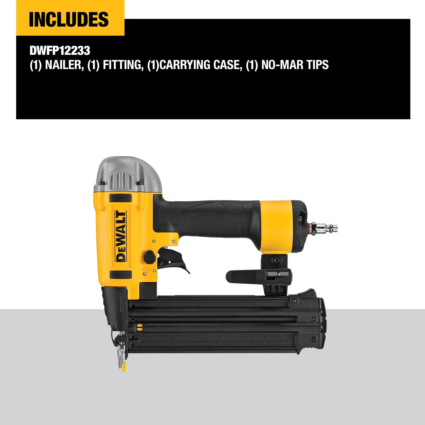 Image of a DEWALT DWFP12233 nailer kit, showing the yellow and black pneumatic nailer tool. The text above lists included items: one nailer, one fitting, one carrying case, and one set of no-mar tips.