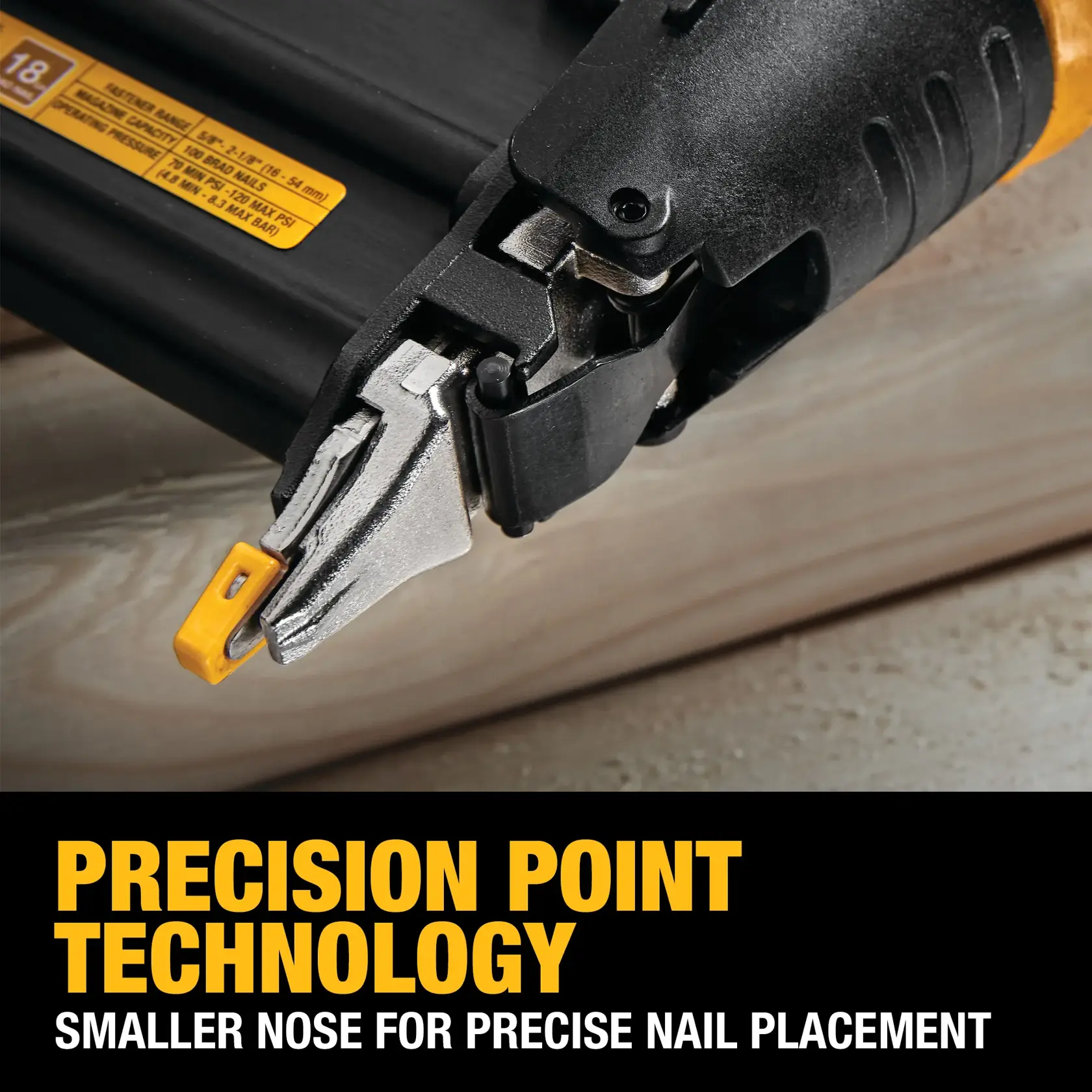 Close-up image of a DEWALT nail gun featuring Precision Point Technology, highlighting its smaller nose for precise nail placement. The tool is shown against a wooden surface with promotional text at the bottom.