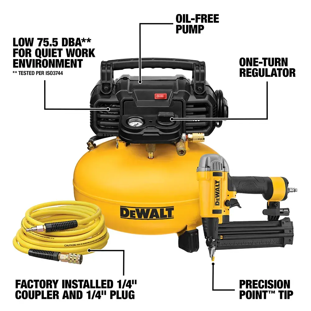 DEWALT DWFP1KIT graphics showing a yellow air compressor with a hose and nail gun, highlighting features such as low 75.5 dBA for quiet work environment, oil-free pump, one-turn regulator, factory installed 1/4" coupler and plug, and a precision point tip.
