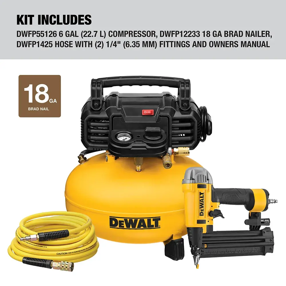DEWALT DWFP1KIT kit featuring a 6-gallon air compressor, an 18-gauge brad nailer, and a yellow air hose with fittings, shown together. The kit includes owner's manual and fittings.