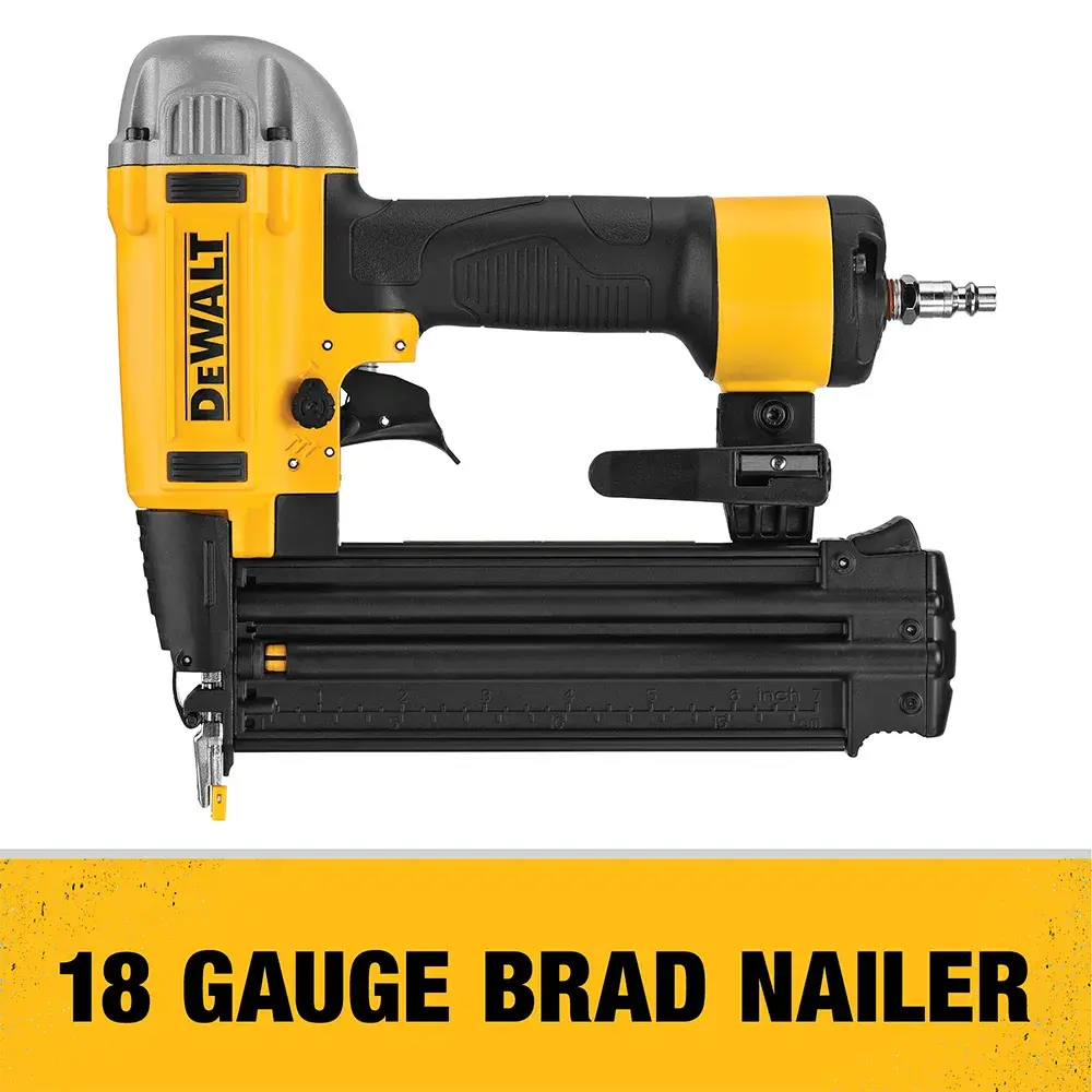 A DEWALT 18 gauge brad nailer shown on a white background with a yellow label below that reads '18 GAUGE BRAD NAILER'.
