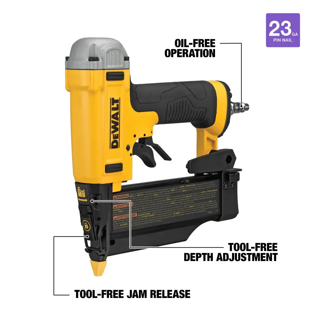 DEWALT DWFP2350K 23-gauge pin nailer. The image highlights three features: oil-free operation, tool-free jam release, and tool-free depth adjustment. The nailer is yellow and black with a DEWALT logo on the side.