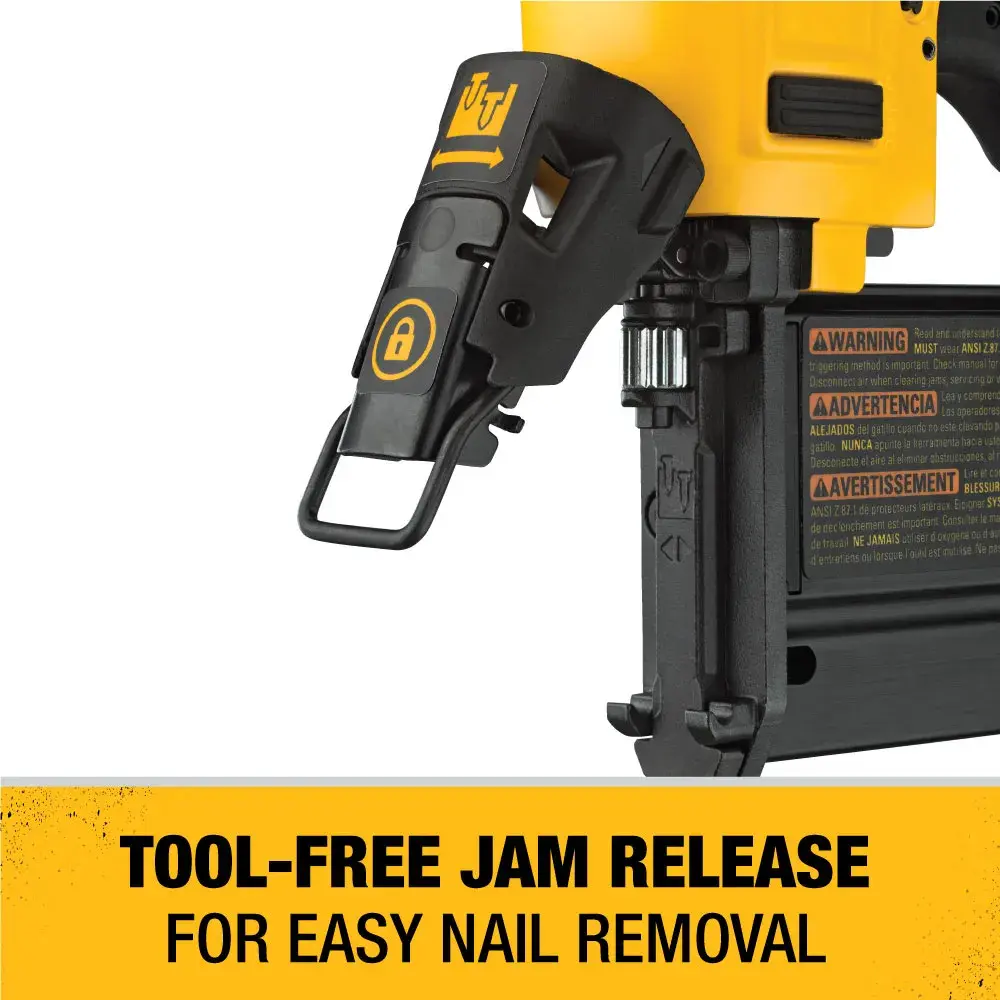 Close-up of a DEWALT DWFP2350K nailer, showing the tool-free jam release mechanism for easy nail removal. Highlighted text reads 'TOOL-FREE JAM RELEASE FOR EASY NAIL REMOVAL.'