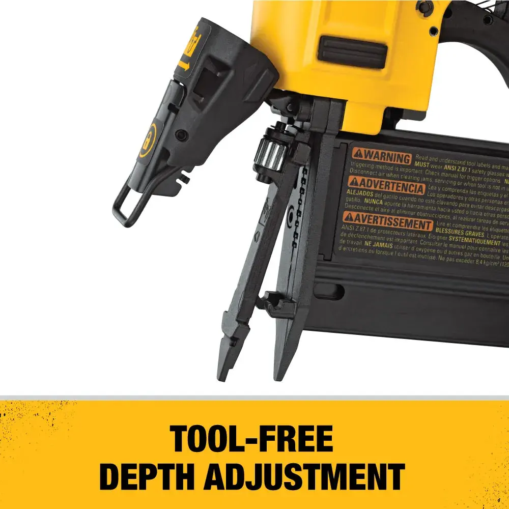 Close-up of a DEWALT nail gun showing the tool-free depth adjustment feature, with yellow and black labels and a text box saying 'TOOL-FREE DEPTH ADJUSTMENT' at the bottom.