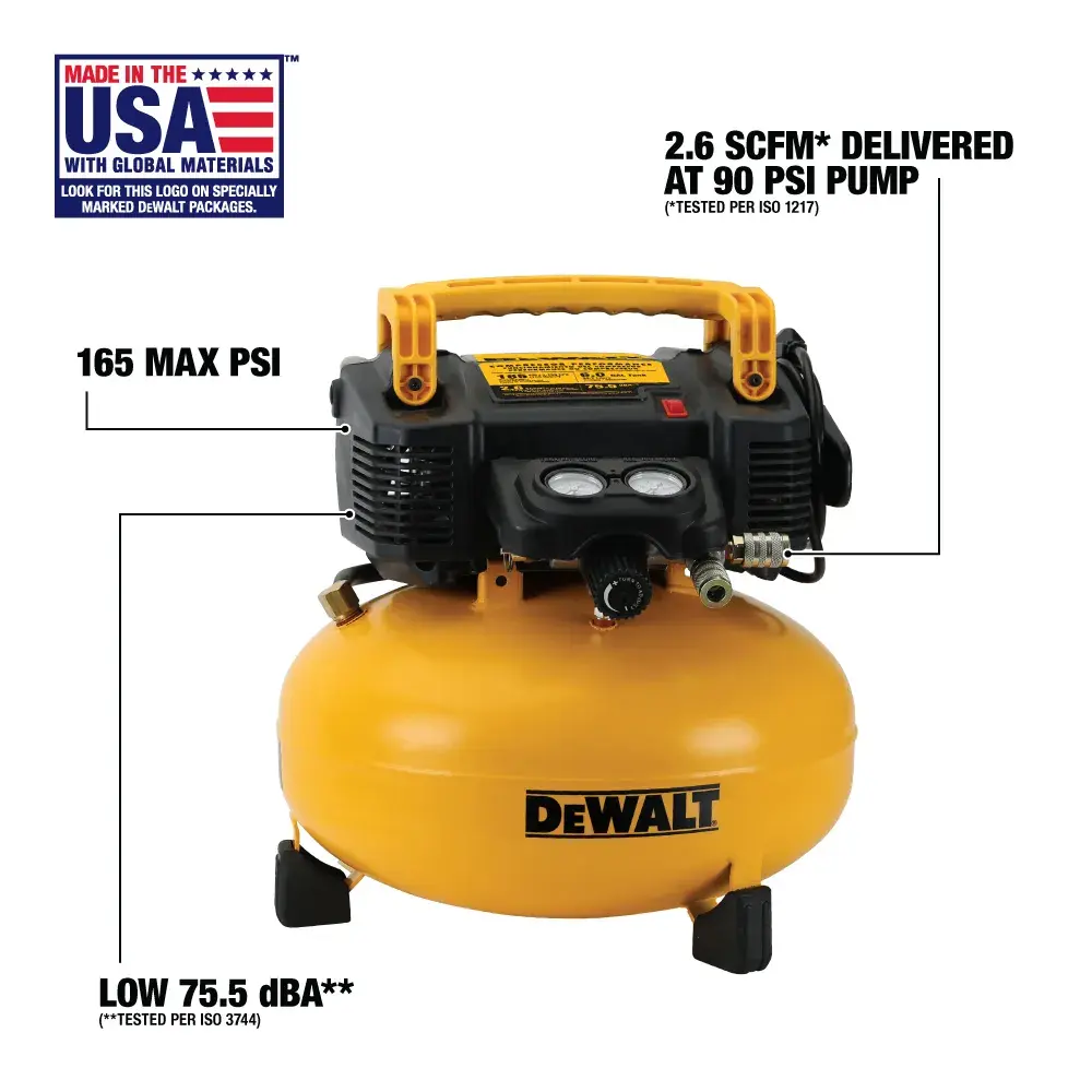 A yellow DEWALT pancake air compressor, model DWFP55126, is shown with a black handle and controls on top. Text highlights its features: 165 max PSI, 2.6 SCFM delivered at 90 PSI pump, and low 75.5 dBA noise level. There is a badge indicating it is made in the USA with global materials.