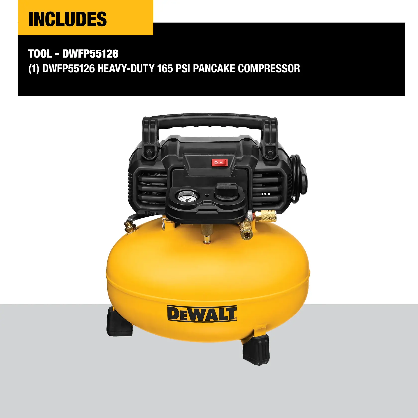 A DEWALT DWFP55126 heavy-duty 165 PSI pancake air compressor is shown, featuring a yellow tank and a black control panel with gauges and switches. The product is highlighted as included in the tool package.