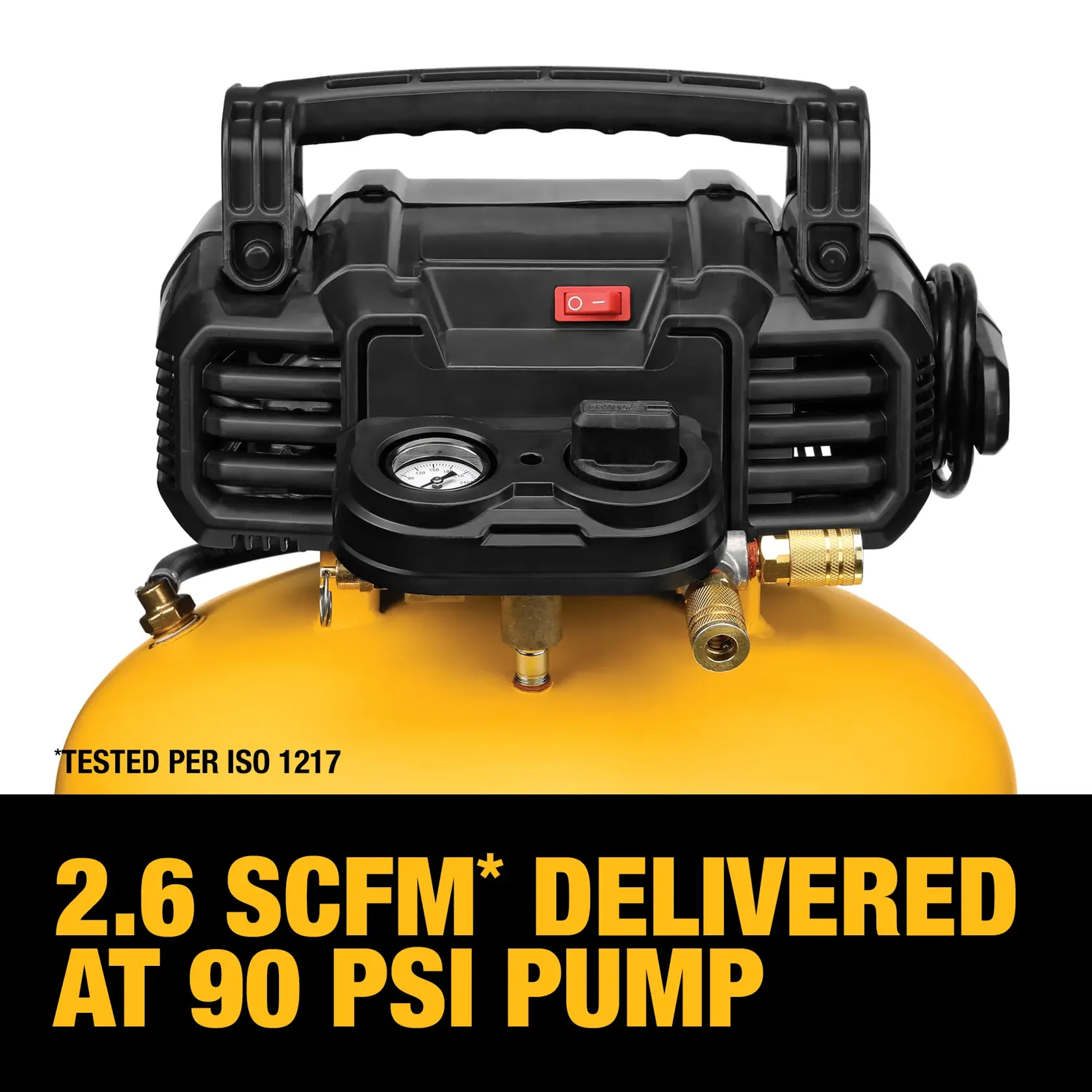 Close-up image of a DEWALT air compressor with a yellow tank and a black handle. The front control panel features a pressure gauge and power switch. Text below reads ‘2.6 SCFM* delivered at 90 PSI pump’ and ‘Tested per ISO 1217’.