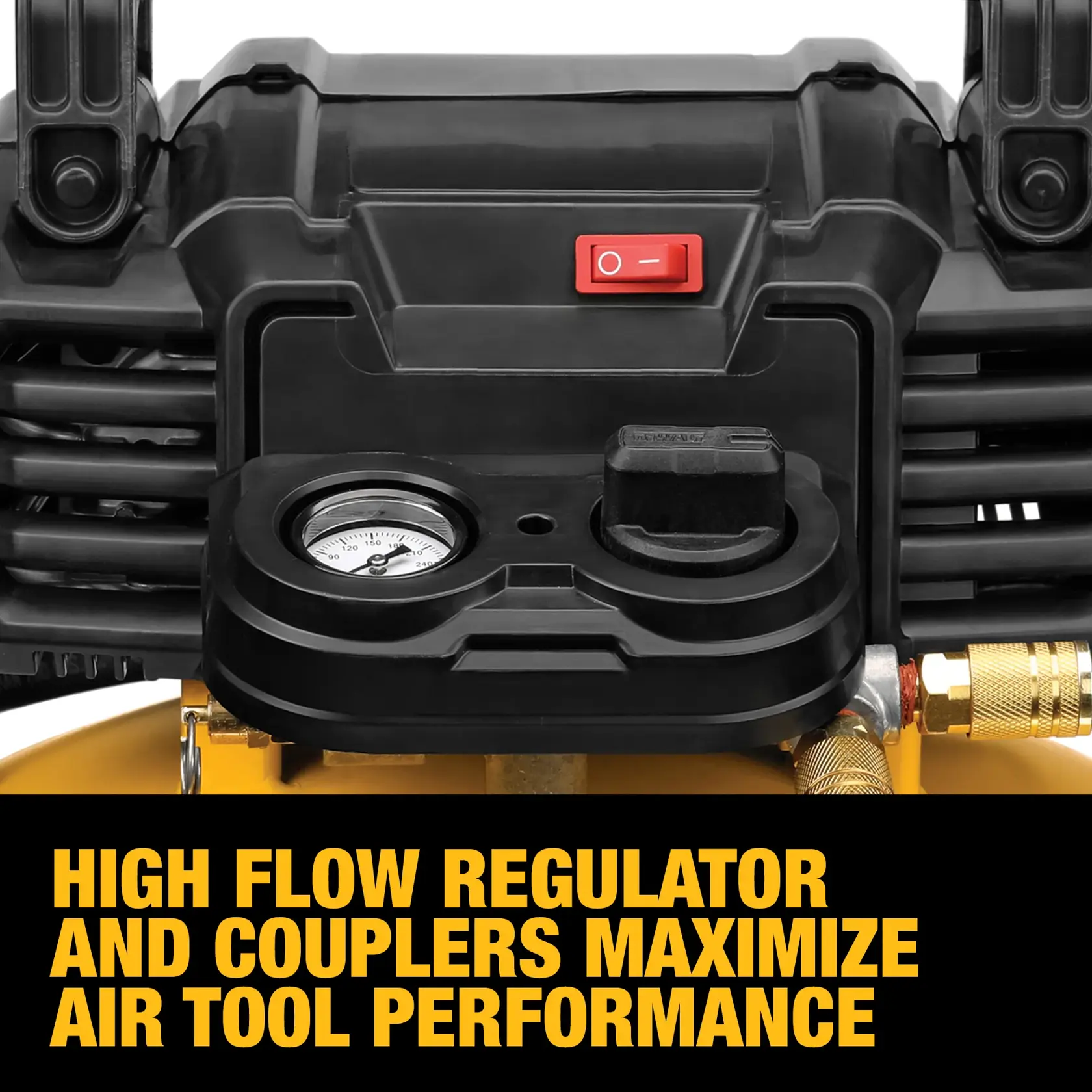 Close-up image of a DEWALT air compressor control panel featuring a high flow regulator, pressure gauge, and coupler attachments. The text on the image highlights, 'High flow regulator and couplers maximize air tool performance.'