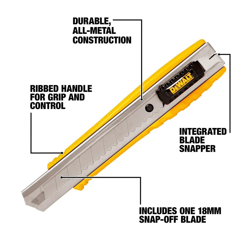 A DEWALT utility knife with a yellow and silver body, featuring a ribbed handle for grip and control, an integrated blade snapper, durable all-metal construction, and includes one 18mm snap-off blade. Annotations highlight the handle, blade snapper, metal construction, and the included blade.