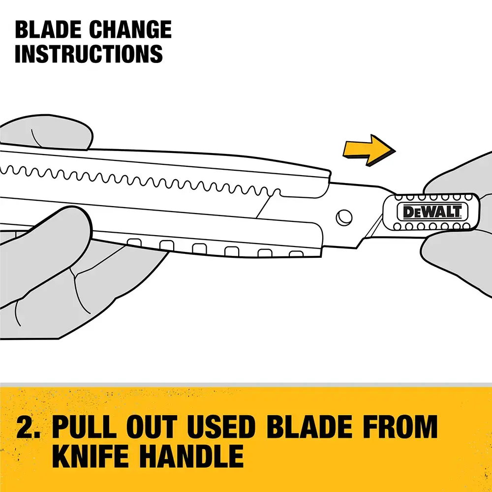 Illustration showing step 2 of blade change instructions for a DEWALT utility knife. The image shows hands pulling the used blade out of the knife handle. Text reads: '2. Pull out used blade from knife handle.'