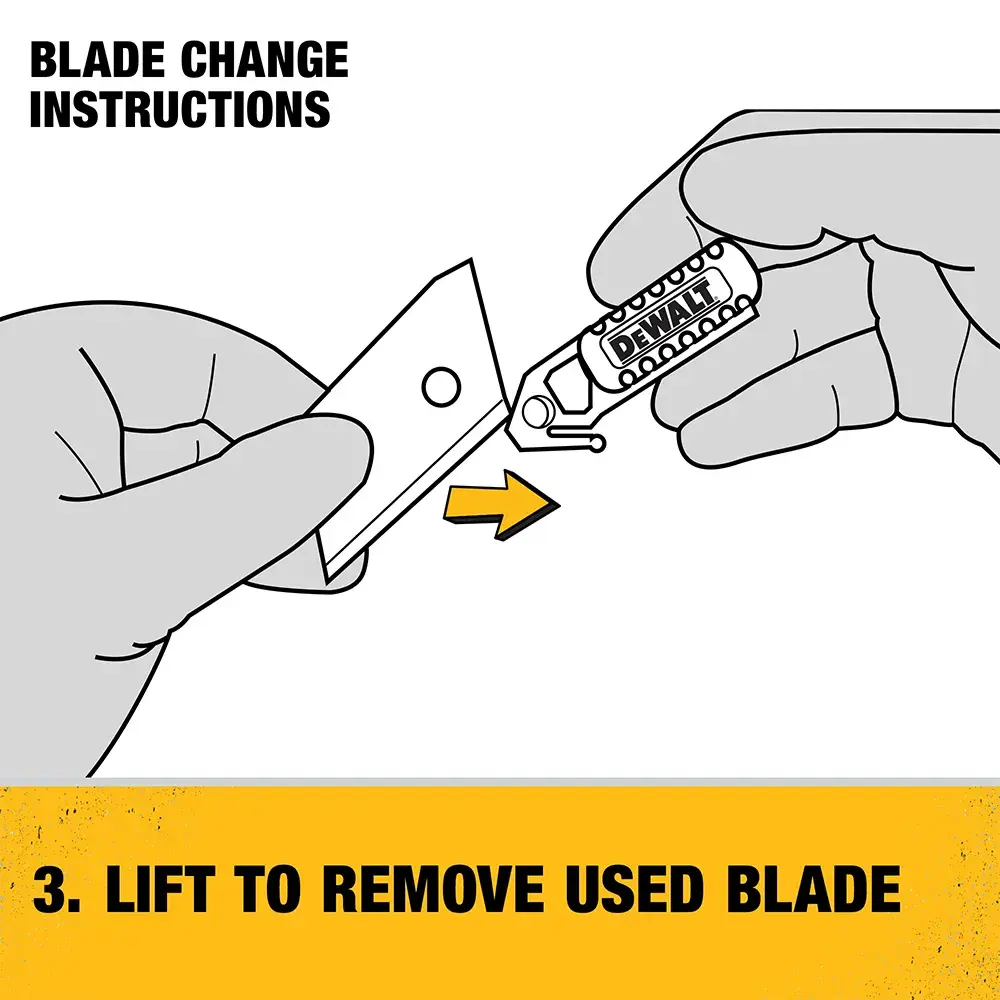 Illustration showing a hand lifting a used blade out of a utility knife as part of the blade change instructions, with an arrow indicating the direction to remove the blade. Text reads: '3. LIFT TO REMOVE USED BLADE.'