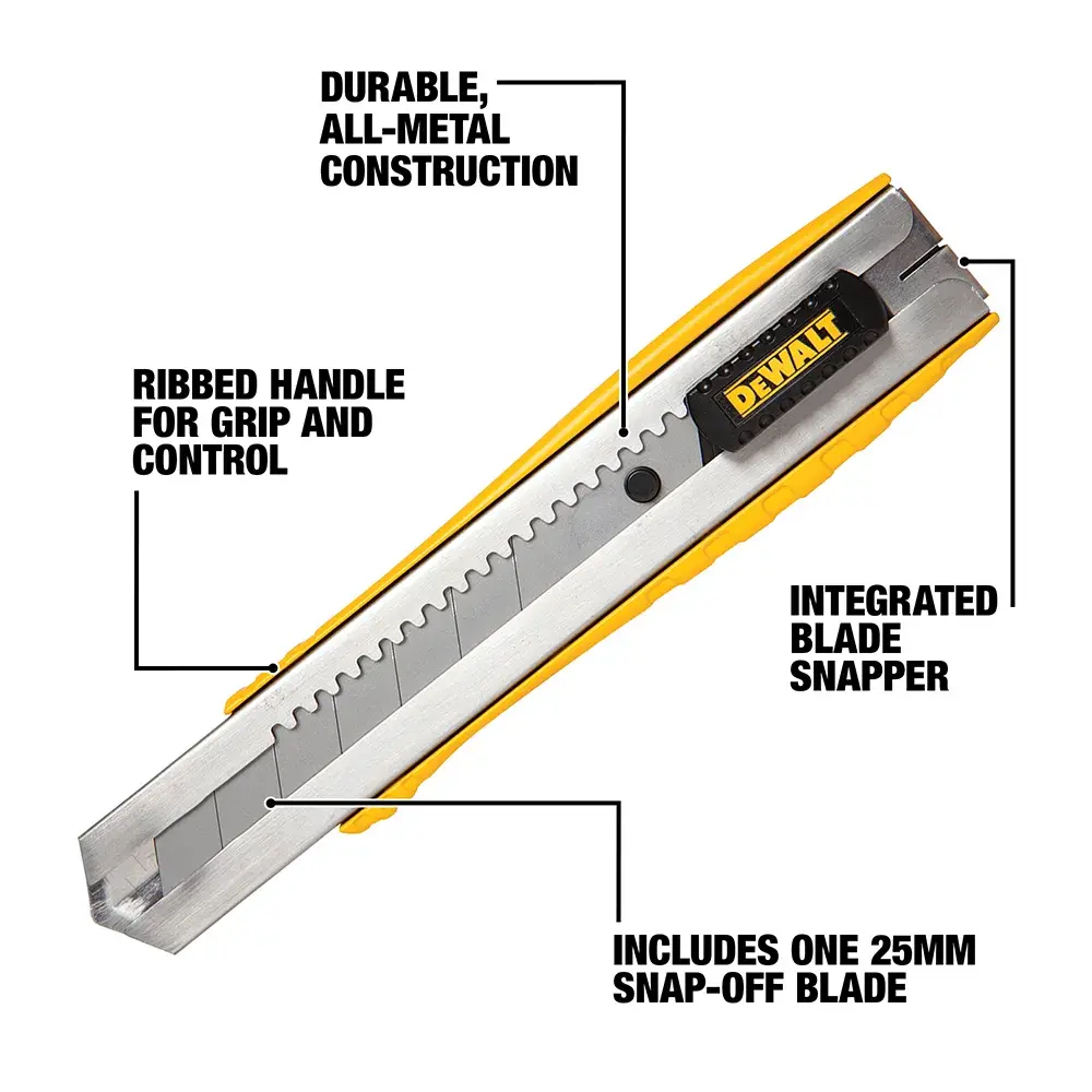 A DEWALT utility knife with a ribbed metal handle for grip and control, labeled with key features: durable all-metal construction, integrated blade snapper, and includes one 25mm snap-off blade. The knife is silver with yellow accents.