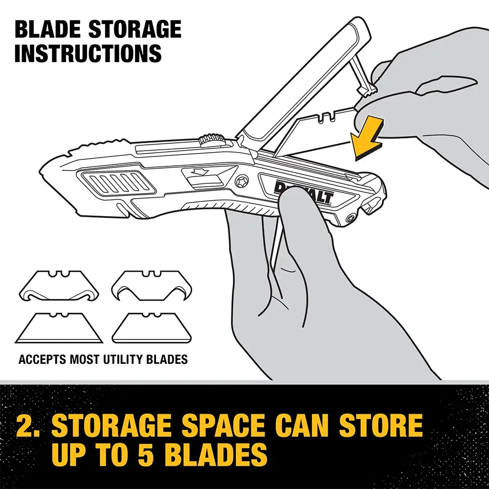 Illustration showing blade storage instructions for a utility knife. A hand places a blade into the handle's storage compartment, which can hold up to five blades. The knife accepts most utility blades. Text highlights 'Storage space can store up to 5 blades.'