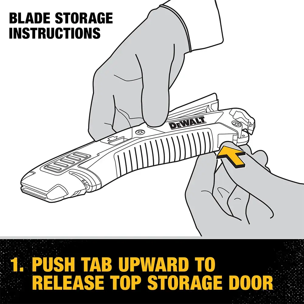 Illustration showing blade storage instructions for a DEWALT utility knife. A hand is pushing a tab upward to release the top storage door, as indicated by a yellow arrow. Text below reads: '1. Push tab upward to release top storage door.'