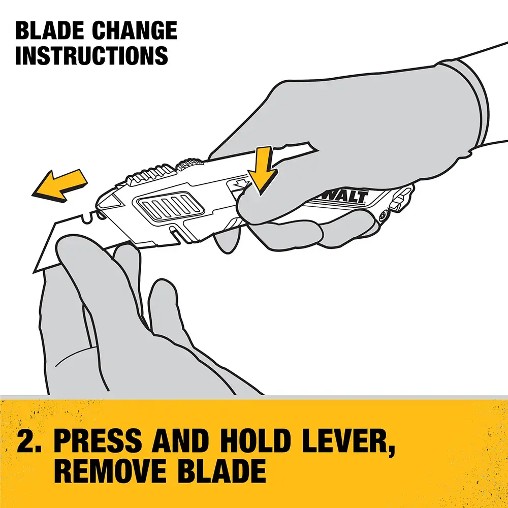 Illustration showing blade change instructions for a DEWALT utility knife. The image demonstrates pressing and holding the lever to remove the blade, with arrows indicating the actions. Two hands are shown holding the knife and blade.
