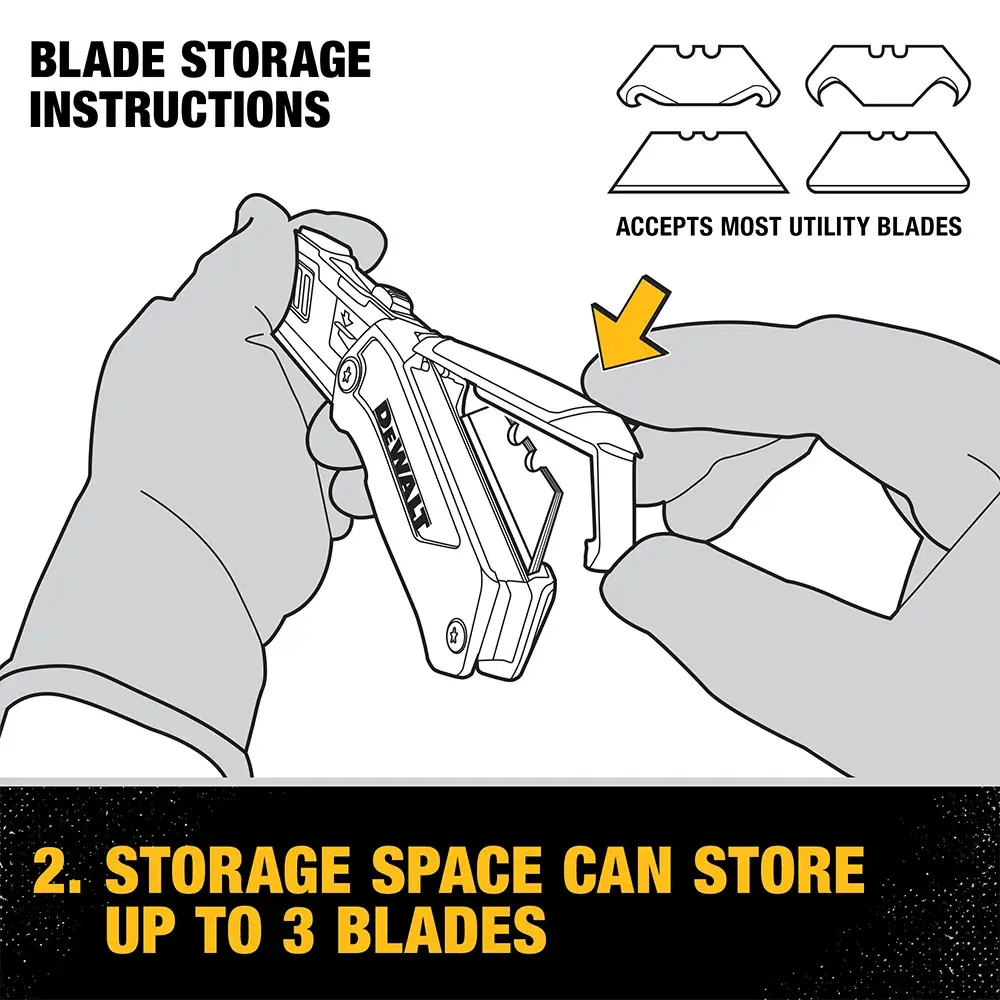 Instructional graphic showing hands inserting a utility blade into a DEWALT utility knife, with text highlighting that the storage space can hold up to three blades and accepts most utility blade types.