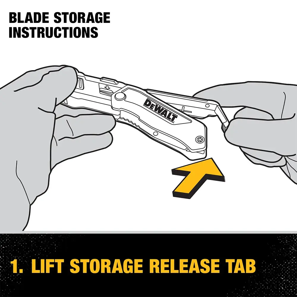 Illustration showing two hands holding a DEWALT utility knife, demonstrating the first step of blade storage instructions: lift the storage release tab.