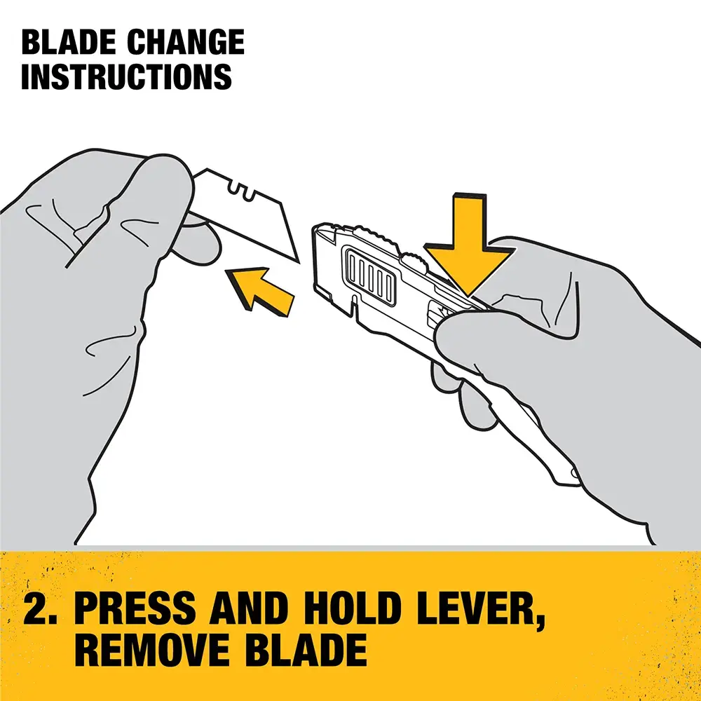 Instruction graphic showing two hands: one pressing a lever on a DEWALT utility knife, and the other removing the blade, with text that reads '2. Press and hold lever, remove blade'.