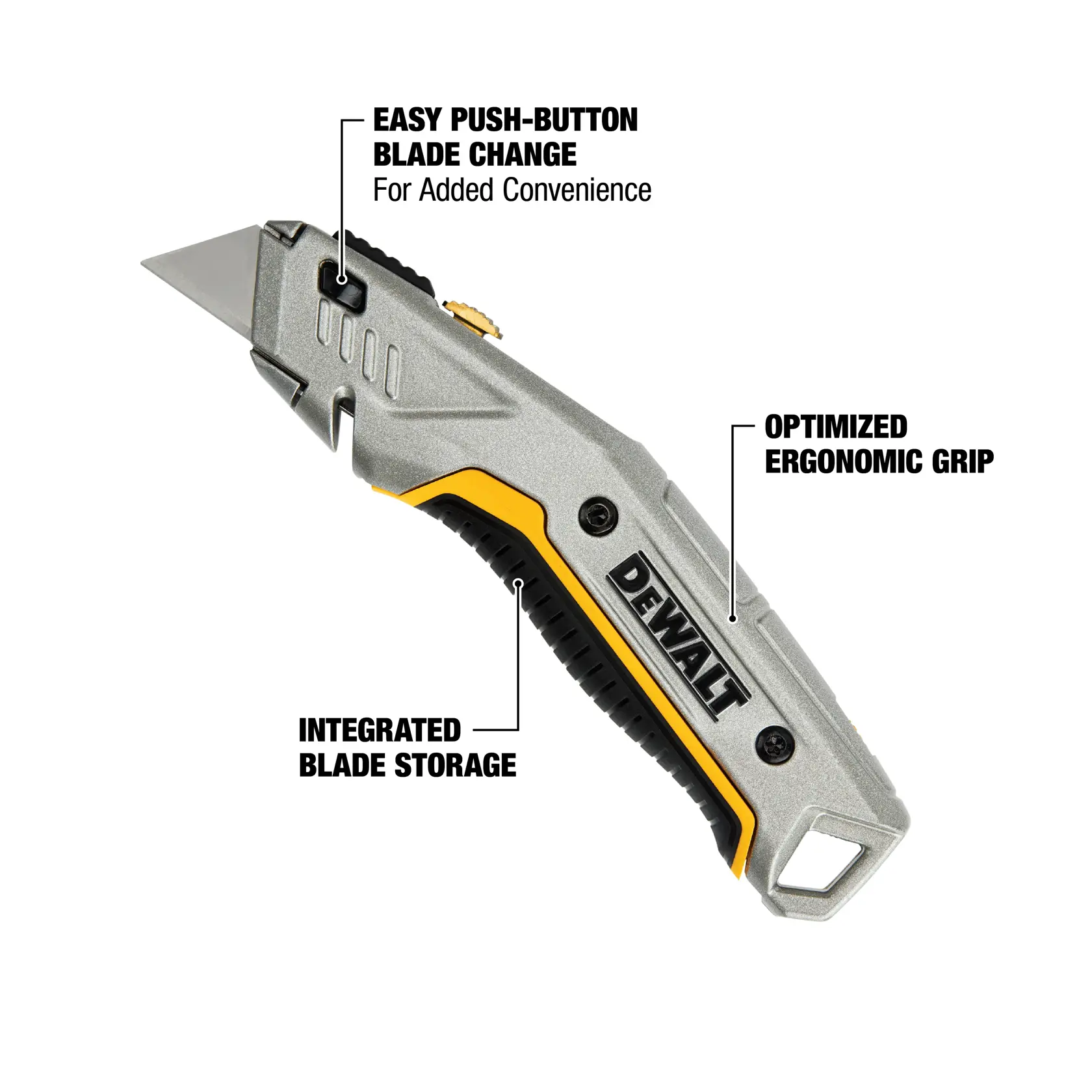 DEWALT utility knife with a silver and yellow handle, labeled features include easy push-button blade change, integrated blade storage, and an optimized ergonomic grip.
