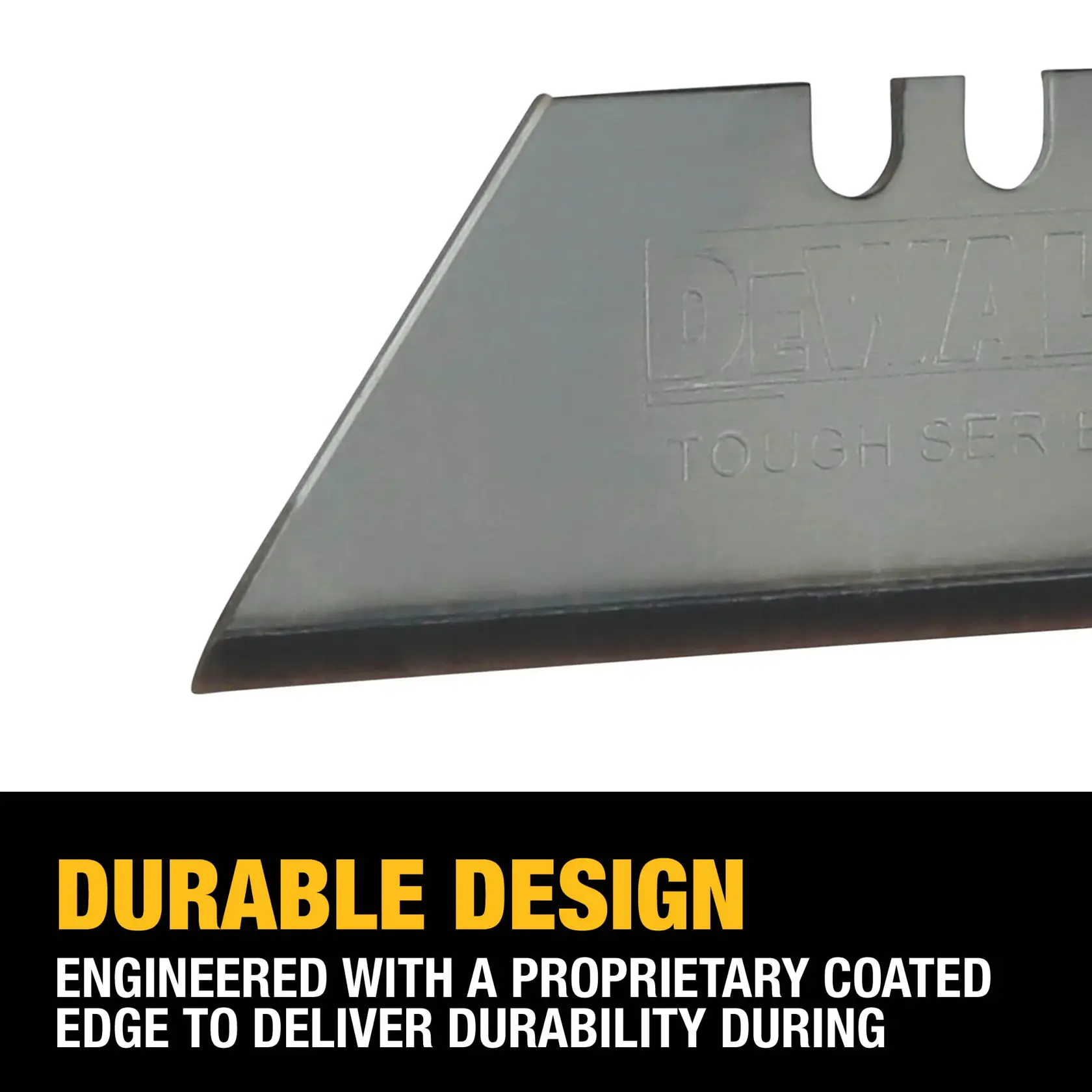Close-up of a DEWALT utility knife blade with text highlighting its durable design and proprietary coated edge for enhanced durability.