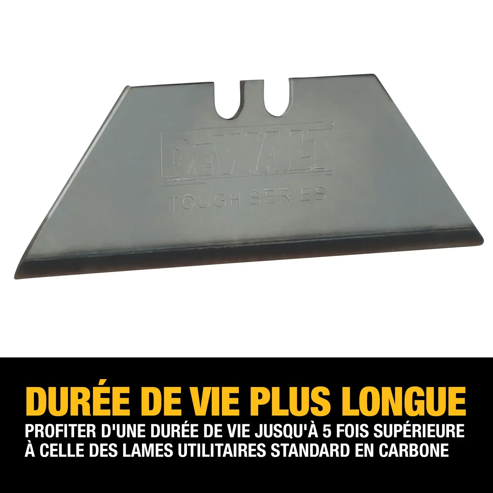 DEWALT Tough Series utility blade with text highlighting its longer life, stating it lasts up to 5 times longer than standard carbon utility blades.