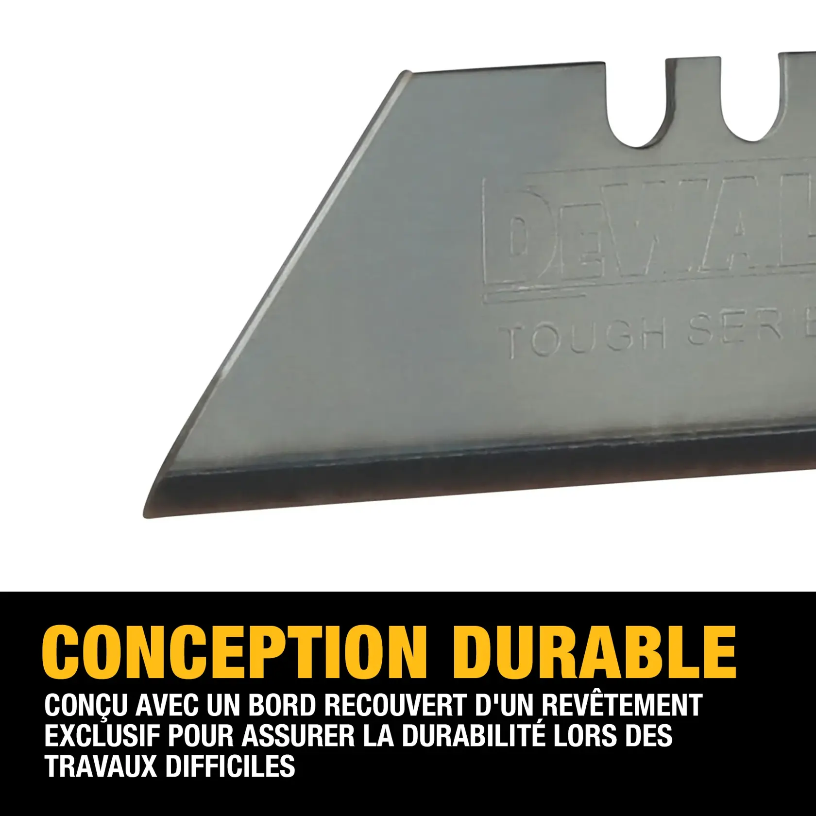 Close-up of a DEWALT utility knife blade with text highlighting its durable design and proprietary coated edge for enhanced durability.