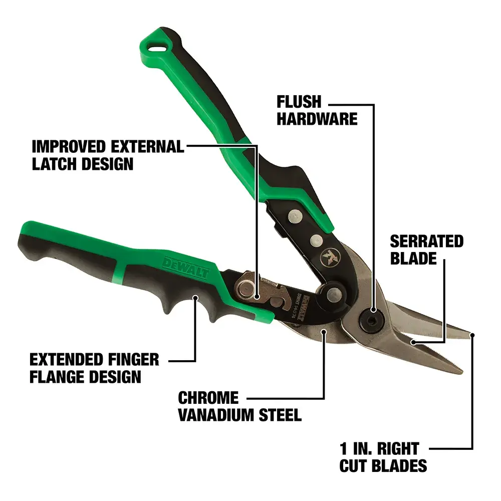 DEWALT hand tool with green and black handles, featuring improved external latch design, flush hardware, serrated blade, extended finger flange design, chrome vanadium steel construction, and 1 inch right cut blades. Key features are labeled.