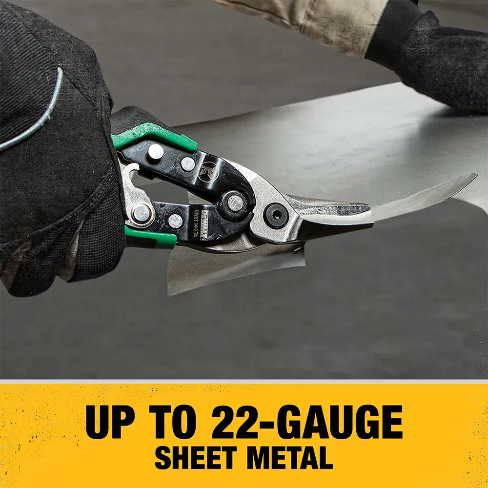 A pair of gloved hands using DEWALT metal shears to cut a sheet of metal with text stating 'Up to 22-gauge sheet metal' on a yellow banner.