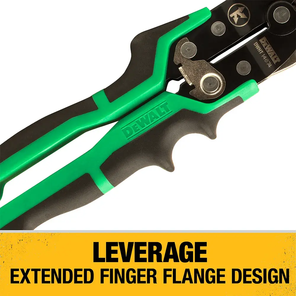 DEWALT green and black-handled tool with extended finger flange design for increased leverage, shown above a yellow label stating 'LEVERAGE EXTENDED FINGER FLANGE DESIGN.'