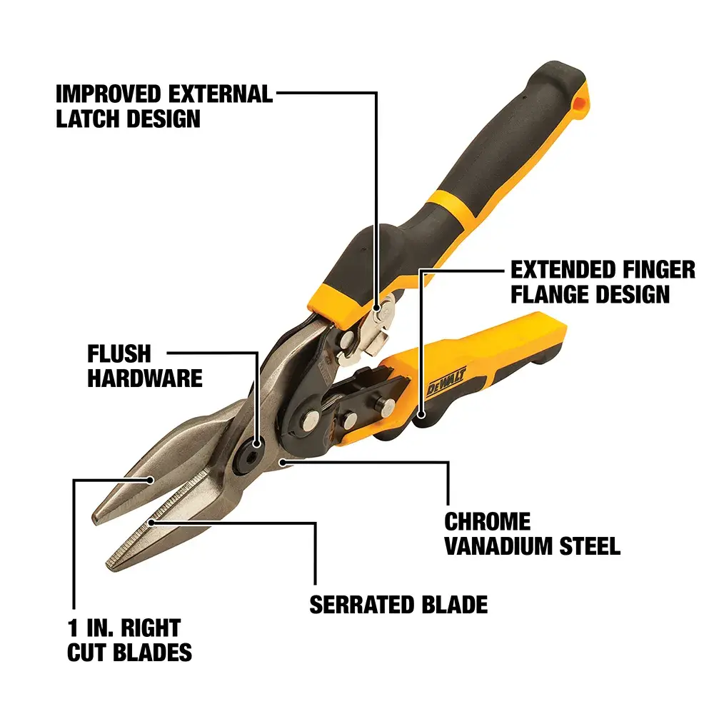 A DEWALT hand tool, specifically a pair of yellow and black aviation snips, shown with labeled features. The labels indicate improved external latch design, extended finger flange design, flush hardware, chrome vanadium steel, serrated blade, and 1-inch right cut blades.