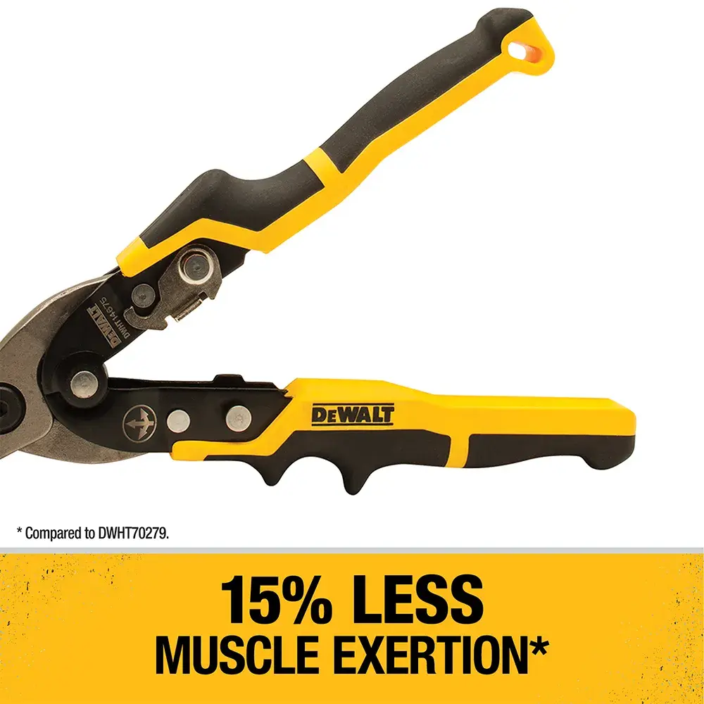 Image showing a DEWALT tool with yellow and black handles, accompanied by a yellow banner with the text '15% LESS MUSCLE EXERTION*'.