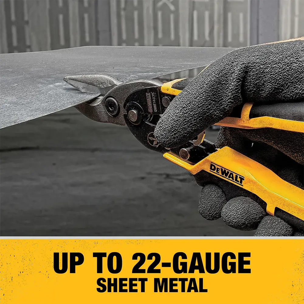 A close-up image shows a gloved hand using a DEWALT metal cutting snip to cut sheet metal, with a yellow banner below stating 'Up to 22-gauge sheet metal'.