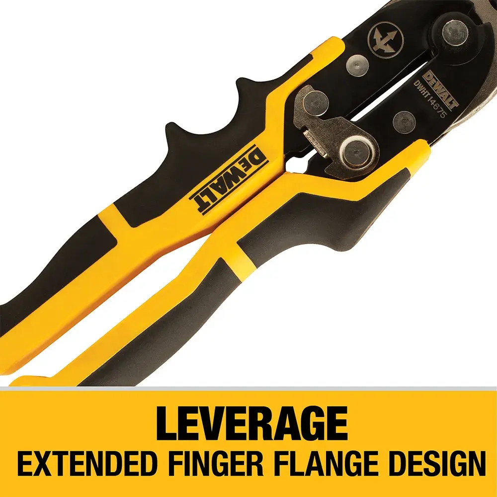 Close-up of a DEWALT bolt cutter tool with yellow and black handles, featuring an extended finger flange design for increased leverage. Text below reads: 'LEVERAGE EXTENDED FINGER FLANGE DESIGN.'
