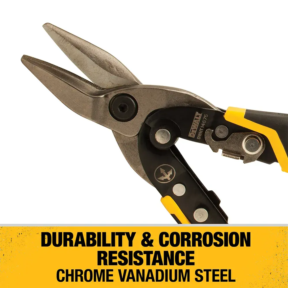 DEWALT metal cutting snips with black and yellow handle, shown above a yellow label that reads 'Durability & Corrosion Resistance, Chrome Vanadium Steel.'