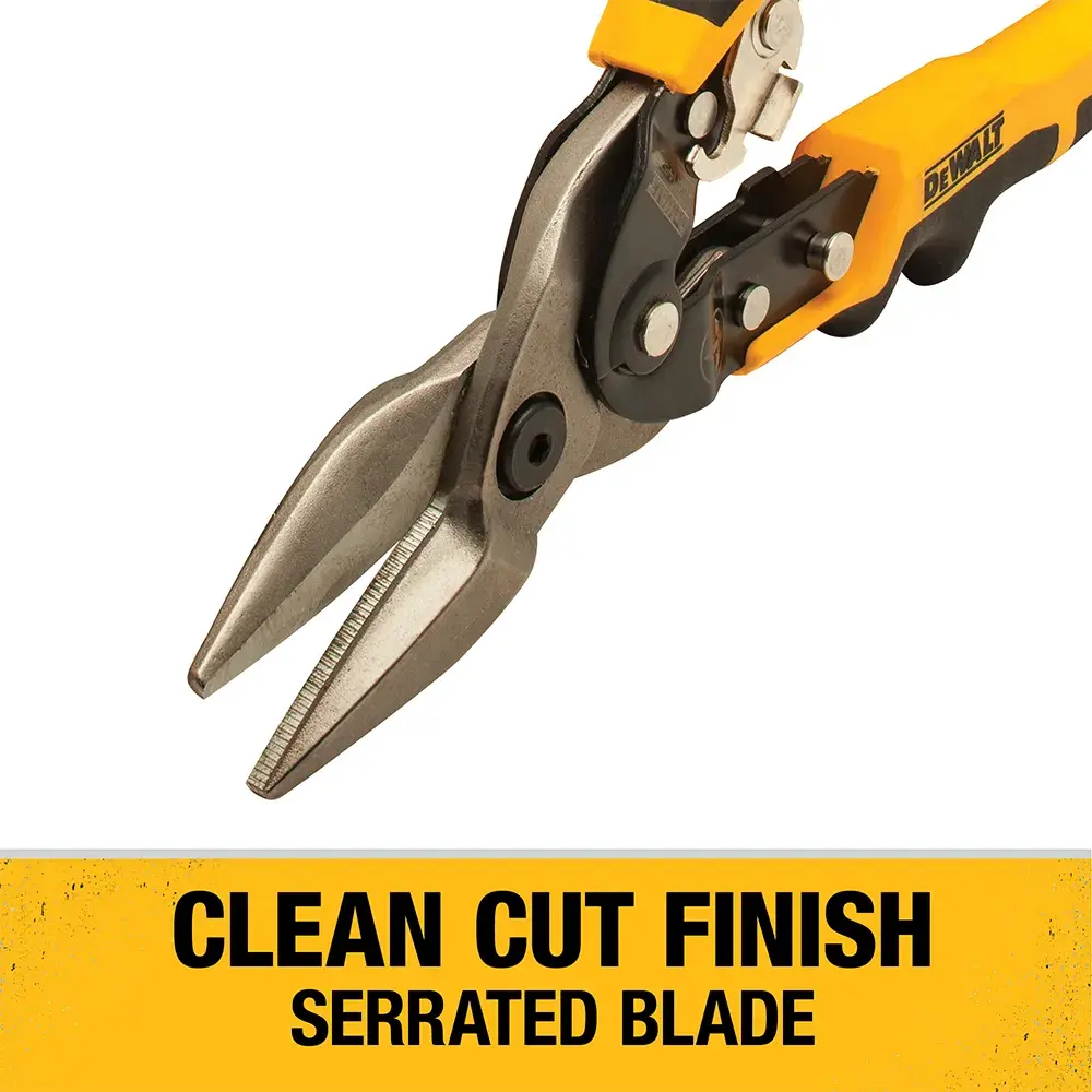 A close-up of a DEWALT serrated blade metal snip tool with a yellow and black handle. Below the tool, there is a yellow label that reads: 'CLEAN CUT FINISH SERRATED BLADE'.