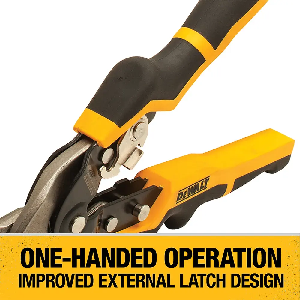 Close-up of DEWALT DWHT14676 cutting tool with yellow and black handles, featuring a label that highlights one-handed operation and improved external latch design.