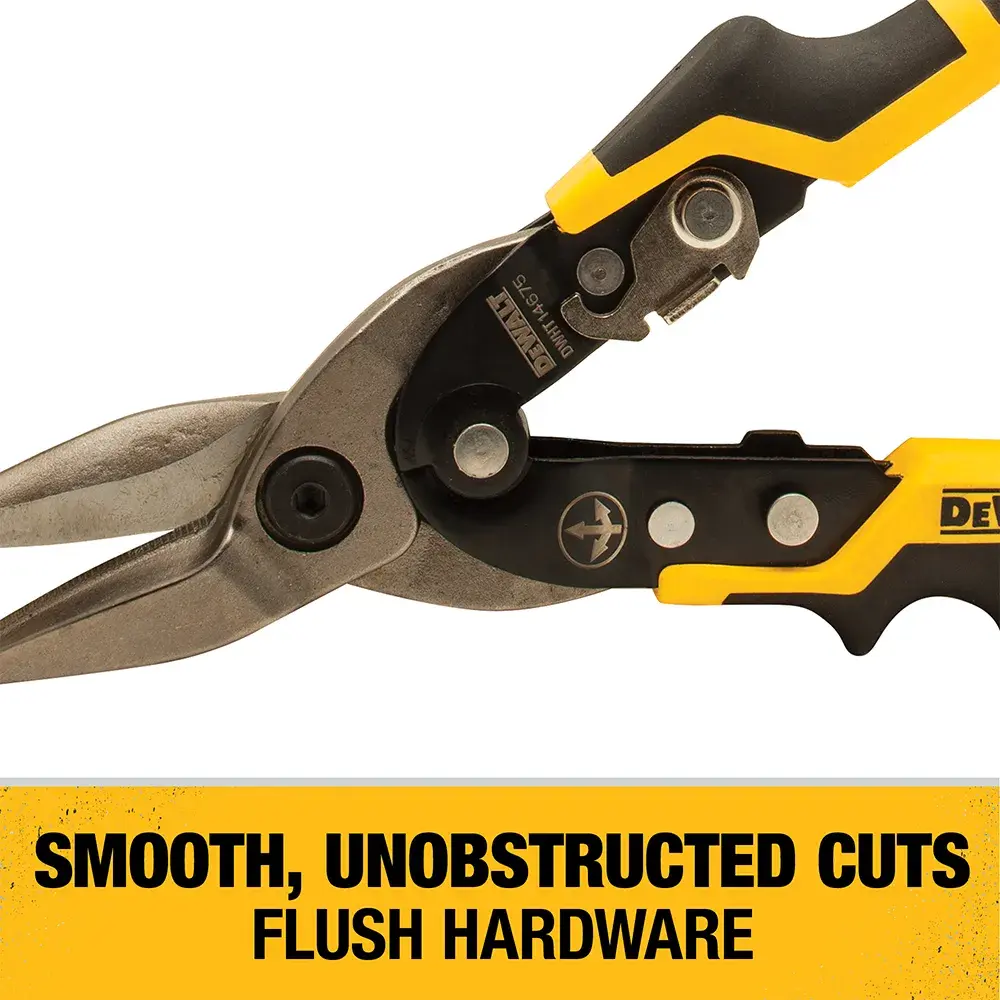 Close-up of DEWALT aviation snips with yellow and black handles, featuring text that highlights smooth, unobstructed cuts and flush hardware.