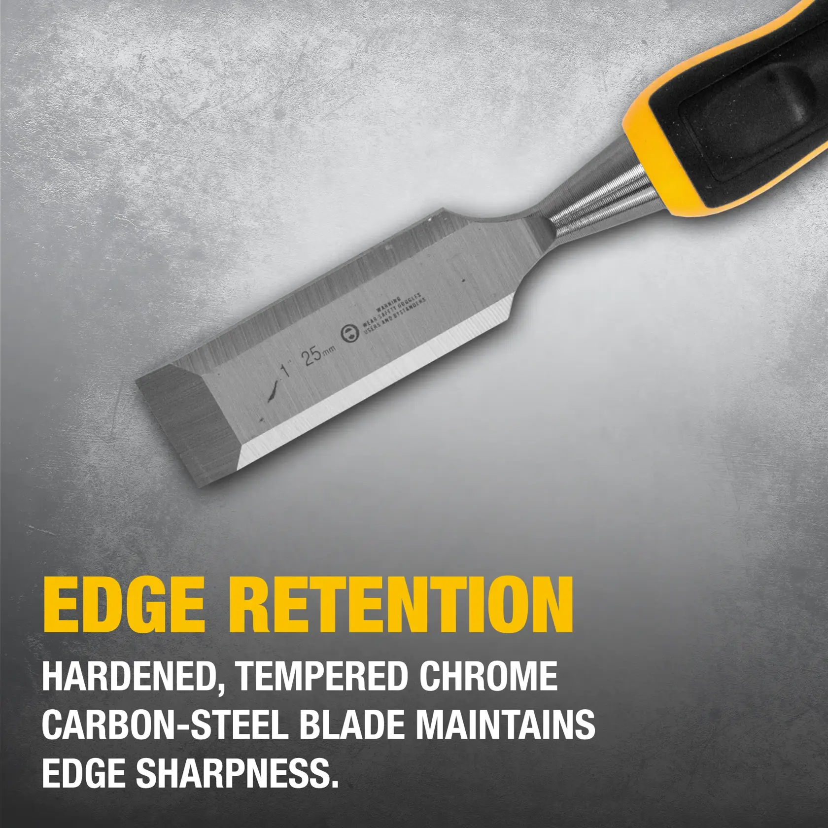 A close-up of a DEWALT chisel with a hardened, tempered chrome carbon-steel blade. Text on the image highlights 'Edge Retention' and explains that the blade maintains edge sharpness.