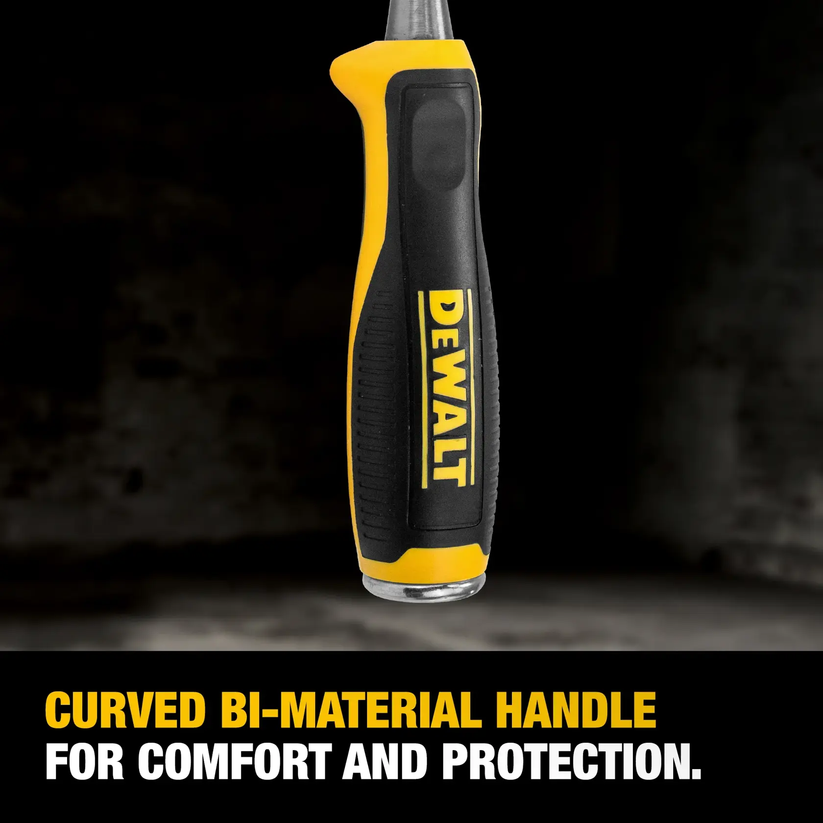 Close-up of a DEWALT tool handle with a curved bi-material design, featuring a black and yellow grip. Text highlights its comfort and protection.